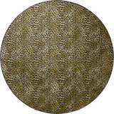 Close-up of the round Dalyn Machine Akina AK2 Gold Washable Area Rug. Features a black and gold animal print pattern.