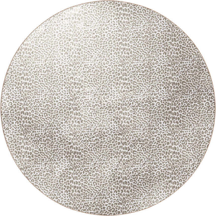 Close-up of a round Dalyn Akina AK2 Stone Washable Area Rug; ivory and chestnut animal print.