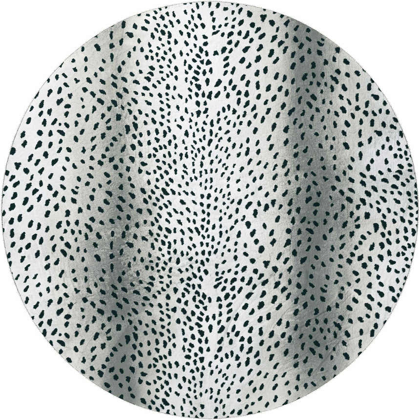 Close-up of the round Dalyn Machine Akina AK3 Ivory Washable Area Rug, featuring a black spotted pattern on an ivory background.