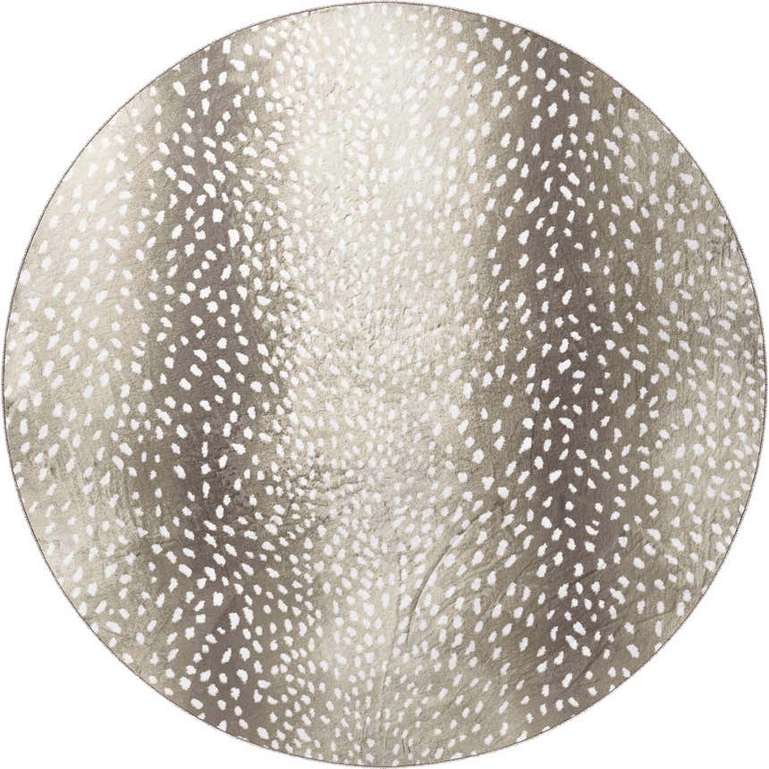 Close-up of the round Dalyn Akina AK3 Stone Washable Area Rug. Chestnut, ivory, and sandstone colors with a spotted pattern.