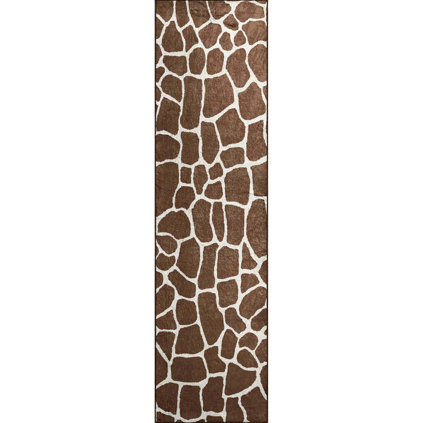 Close-up of the Dalyn Akina AK4 Chocolate Washable Area Rug featuring a brown and chestnut giraffe print.