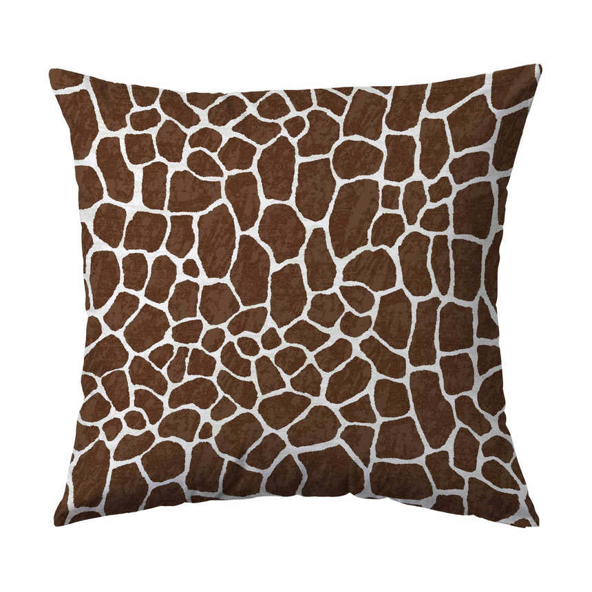 Chocolate brown throw pillow with a giraffe print. Animal print pillow with brown spots and white lines.