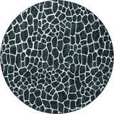 Close-up of the round Dalyn Machine Akina AK4 Midnight Washable Area Rug; black and white organic pattern.