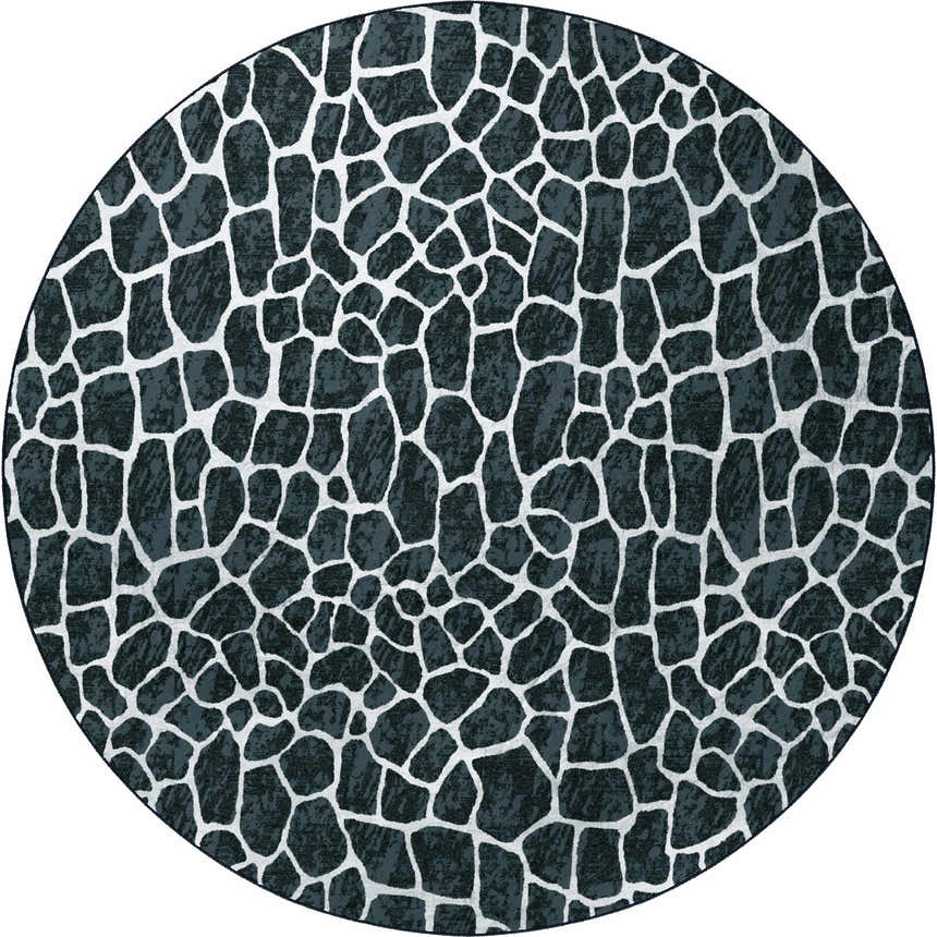 Close-up of the round Dalyn Machine Akina AK4 Midnight Washable Area Rug; black and white organic pattern.