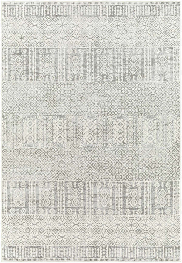 Close-up of Akdiken Area Carpet. Gray and natural geometric patterns create a contemporary, farmhouse style rug. Design-Rectangle-57