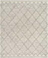 Close-up of the hand woven Aliaga Area Rug. Cream wool rug with a geometric diamond pattern in gray and charcoal. Design-Rectangle-810
