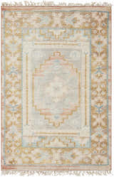 Close-up of the hand-knotted Aliang Premium Rug. Features a traditional pattern in cream, blue, tan, and dusty pink hues. Design-Rectangle-23