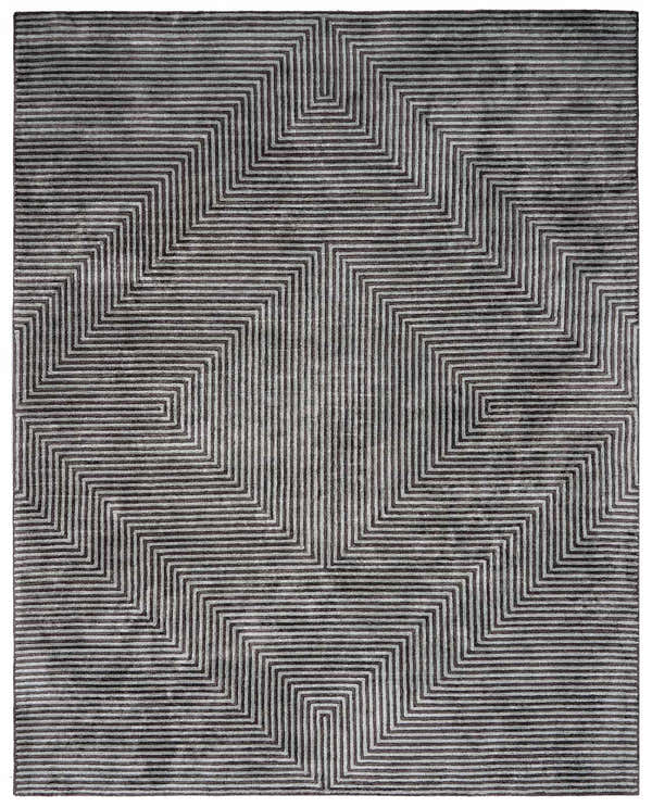 Close-up of Quartz Patterned Sheen Gray/Green Viscose Rug featuring a geometric maze design. Design-Rectangle