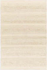 Close-up of the cream Alora Area Rug. Hand-woven wool and viscose rug with a subtle horizontal striped texture. Design-Rectangle