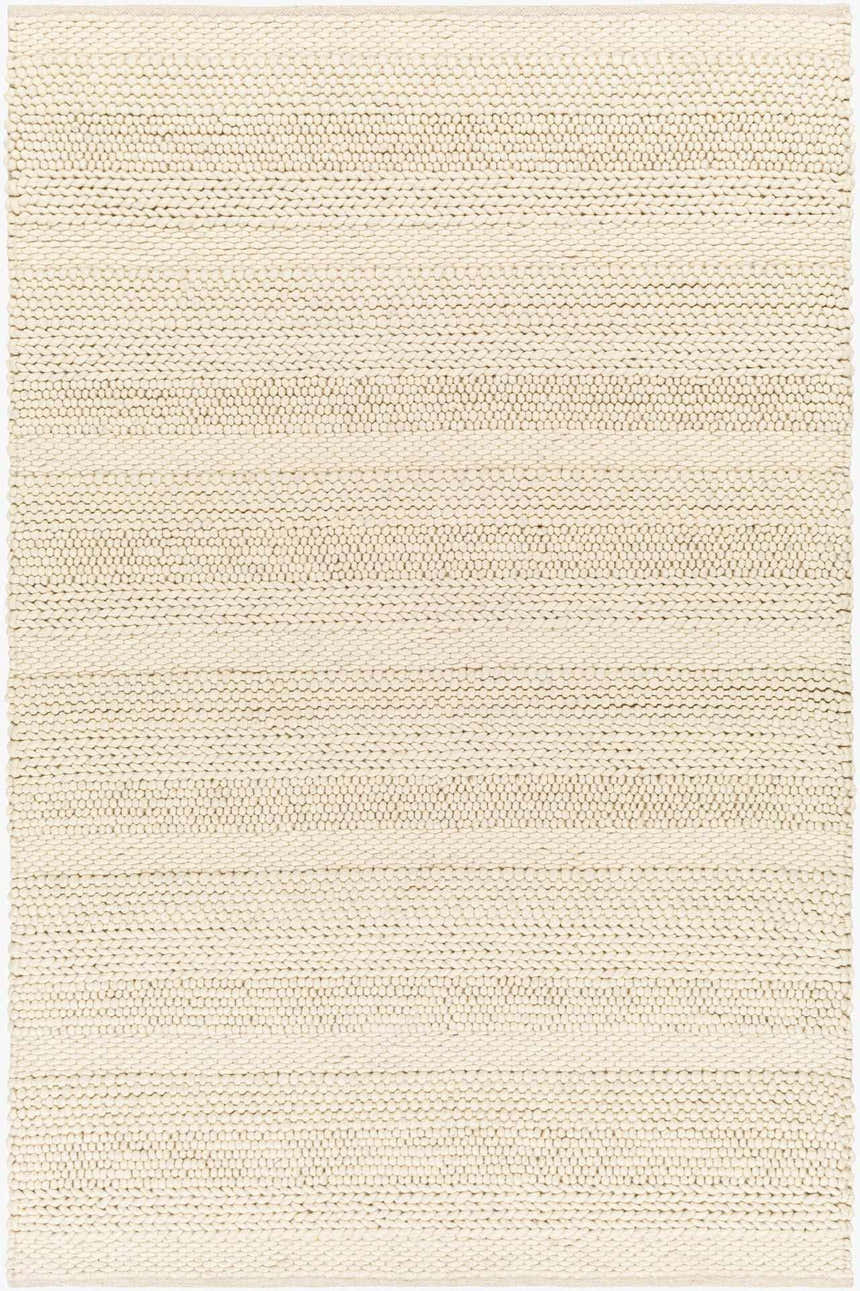 Close-up of the cream Alora Area Rug. Hand-woven wool and viscose rug with a subtle horizontal striped texture. Design-Rectangle