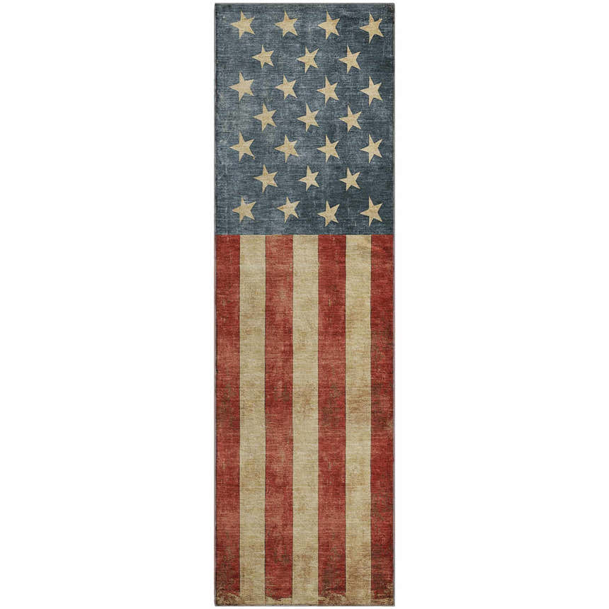 Dalyn Americana AM1 Red Washable Area Rug runner with stars and stripes design in beige, chestnut, and light blue.