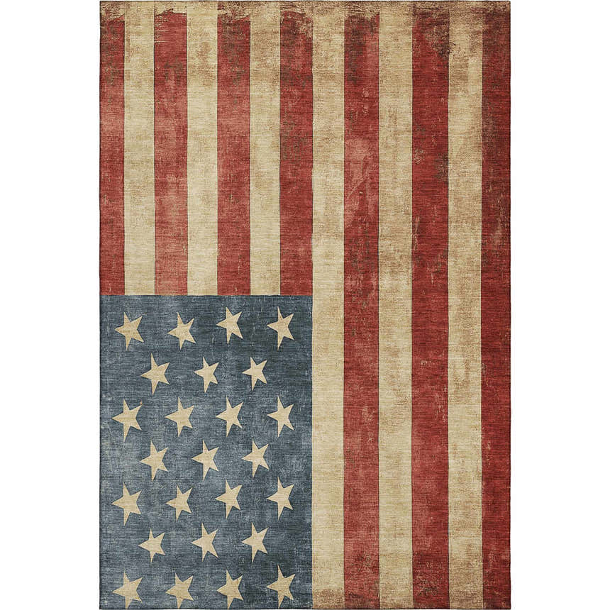 Dalyn Americana AM1 Red Washable Area Rug featuring a distressed American flag design with red stripes and blue star field.