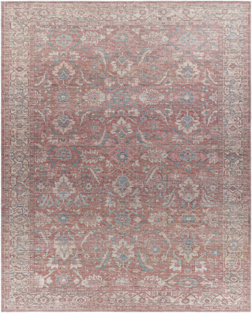 Detailed close-up of the Amio Washable Printed Jute Rug. Features a traditional oriental pattern in red, taupe, and blue hues. Design-Rectangle-710102