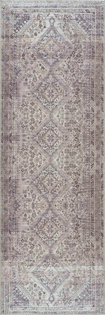 Close-up of the Barny Tan Washable Area Rug, showcasing its traditional farmhouse design, slate, ivory, and tan colors. Design-Runner-2773