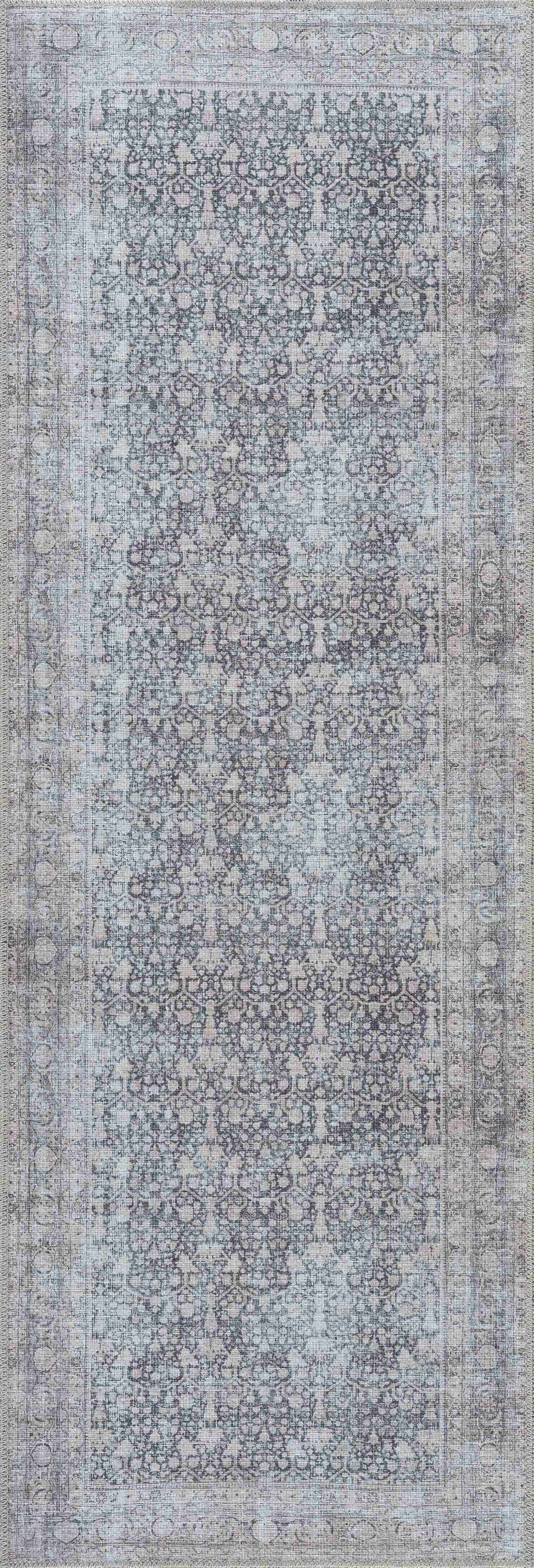 Close-up of the Hedda Boutique Washable Rug, featuring a traditional, vintage pattern in dark gray, gray, and light gray tones. Design-Runner-2773