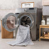 Laundry room scene with gray Hedda Boutique Washable Rug partially inside the washing machine. Farmhouse style. Washing-Machine