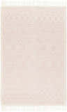 Close-up of the Ramsbury Soft Pink Wool Rug. Features a geometric diamond pattern and fringe detail. Farmhouse style. Design-Rectangle