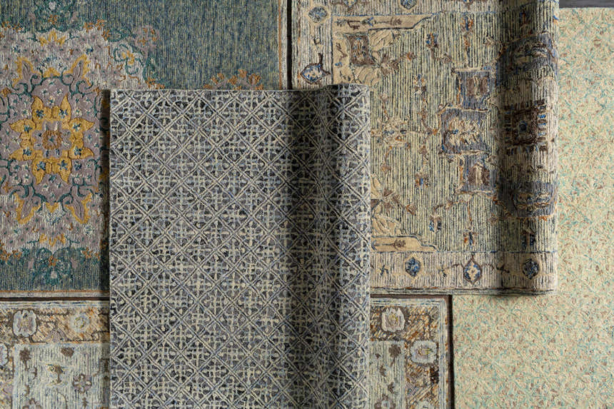 Close-up of Ivyton Hand Tufted Wool Carpet showing blue, brown, and beige colors and bohemian, oriental, and traditional styles. Styleshot