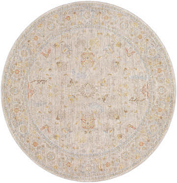 Close-up of round Awena Thick Luxe Area Rug. Traditional floral pattern in amber, taupe, and gray on a light neutral background. Design-Round-53
