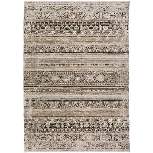 Close-up of the Dalyn Antalya AY1 Taupe Area Rug. Beige, cream, and brown tones with traditional, farmhouse-style patterns.