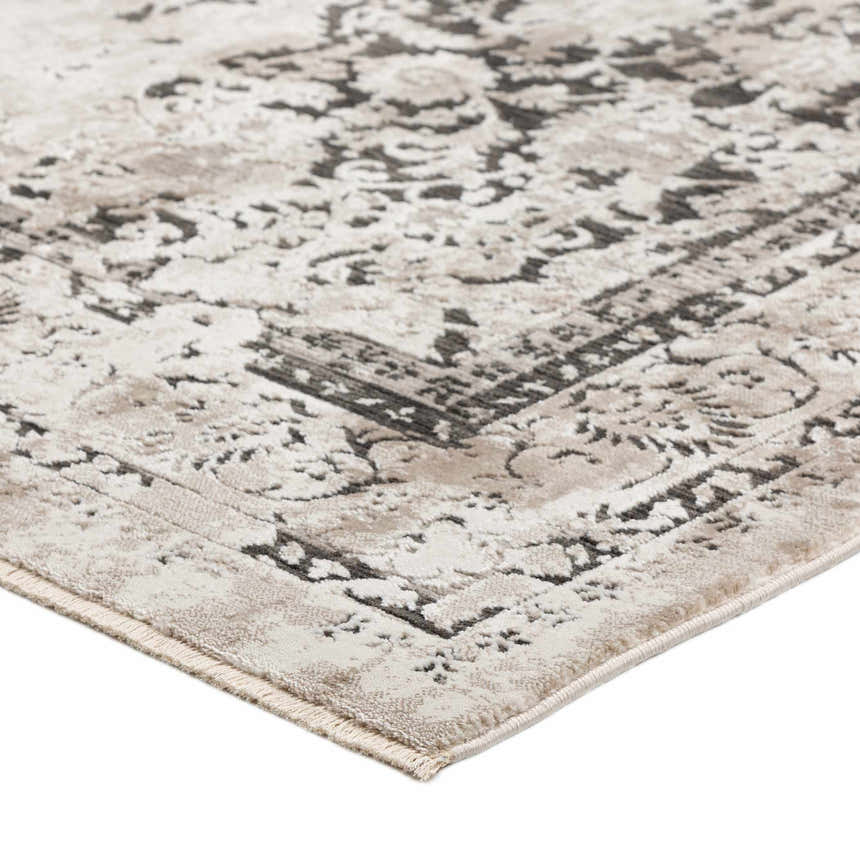 Close-up of the Dalyn Antalya AY2 Midnight Area Rug. Features a traditional design in chestnut, midnight, silver gray, tan, and taupe.