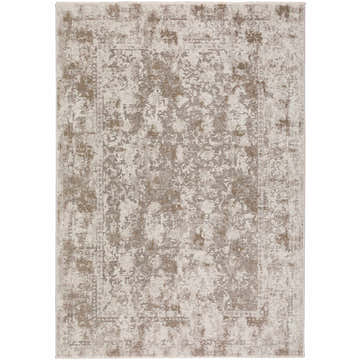 Close-up of the Dalyn Antalya AY2 Taupe Area Rug, showcasing its traditional floral pattern and soft taupe, tan, and ivory colors.