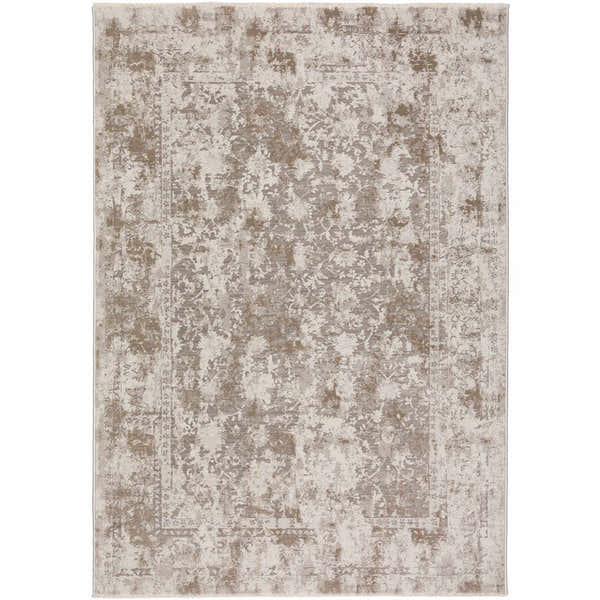 Close-up of the Dalyn Antalya AY2 Taupe Area Rug, showcasing its traditional floral pattern and soft taupe, tan, and ivory colors.