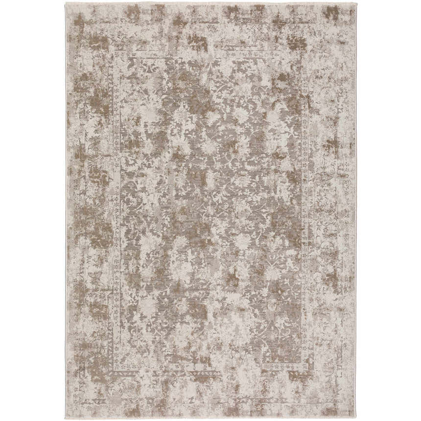 Close-up of the Dalyn Antalya AY2 Taupe Area Rug, showcasing its traditional floral pattern and soft taupe, tan, and ivory colors.