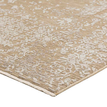 Close-up of the Dalyn Antalya AY3 Flax Area Rug, showcasing its beige, cream, and tan traditional floral pattern and texture.