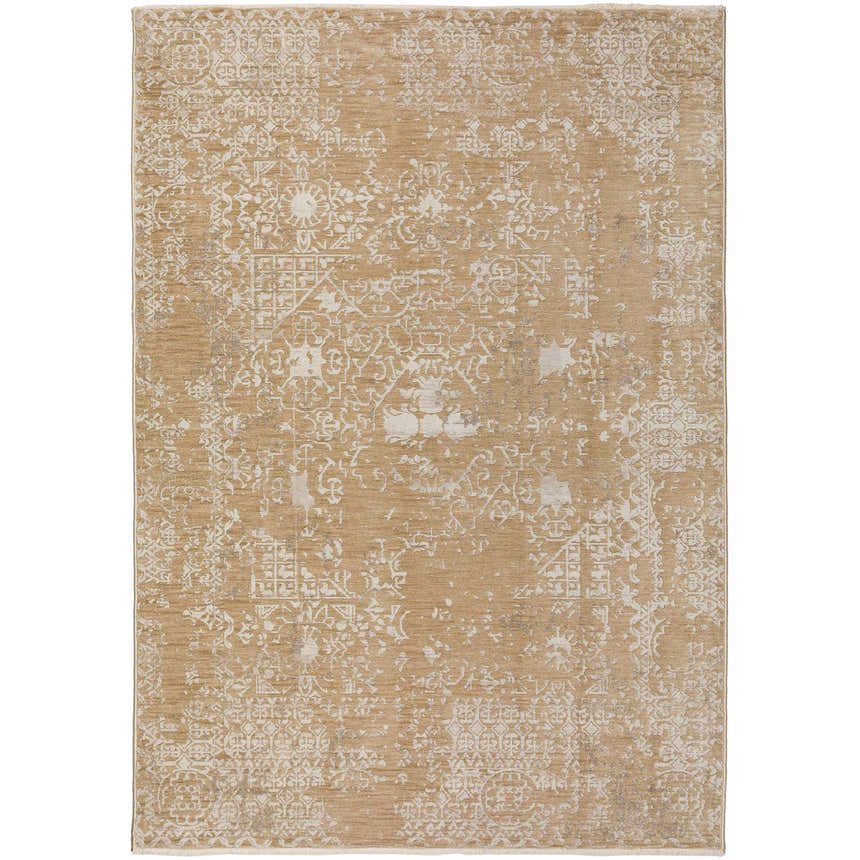 Close-up of the Dalyn Antalya AY3 Flax Area Rug, a beige rug with a distressed traditional pattern.