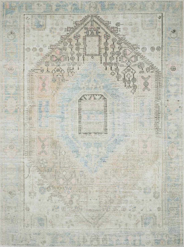 Close-up of Baloy Vintage Washable Rug; bohemian style with coral, denim, light olive, orange, and sage colors. Design-Rectangle