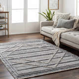 Living room scene with a gray sofa and Barurao Area Rug in charcoal, cream, and gray with a geometric pattern. Roomscene-Rectangle