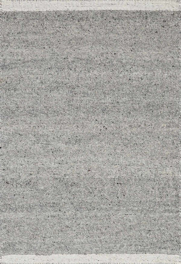 Close-up of the hand woven Basiao Area Rug. Charcoal, cream, and gray wool and cotton blend. Contemporary style. Design-Rectangle