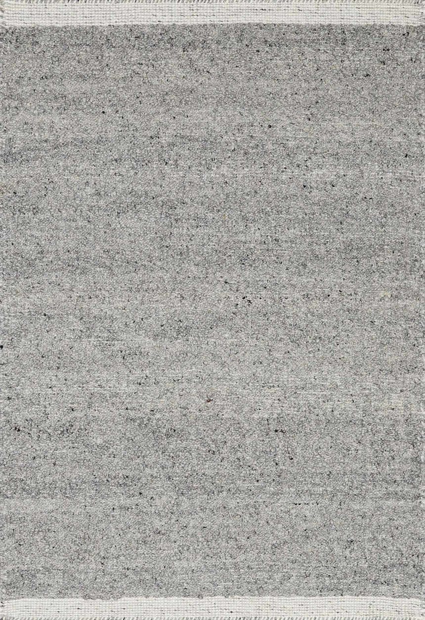 Close-up of the hand woven Basiao Area Rug. Charcoal, cream, and gray wool and cotton blend. Contemporary style. Design-Rectangle