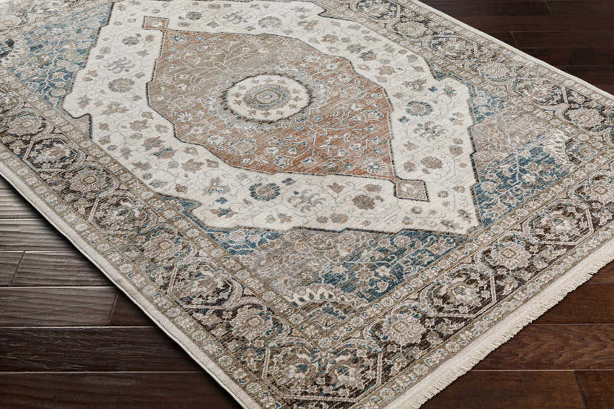 Close-up of a cream, denim, and brown Baychester Area Rug with a traditional oriental pattern on dark wood flooring. Corner