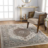 Light-filled entryway with a Baychester Area Rug in cream, brown, and blue under a wood chair and gold accent tables. Roomscene-Rectangle