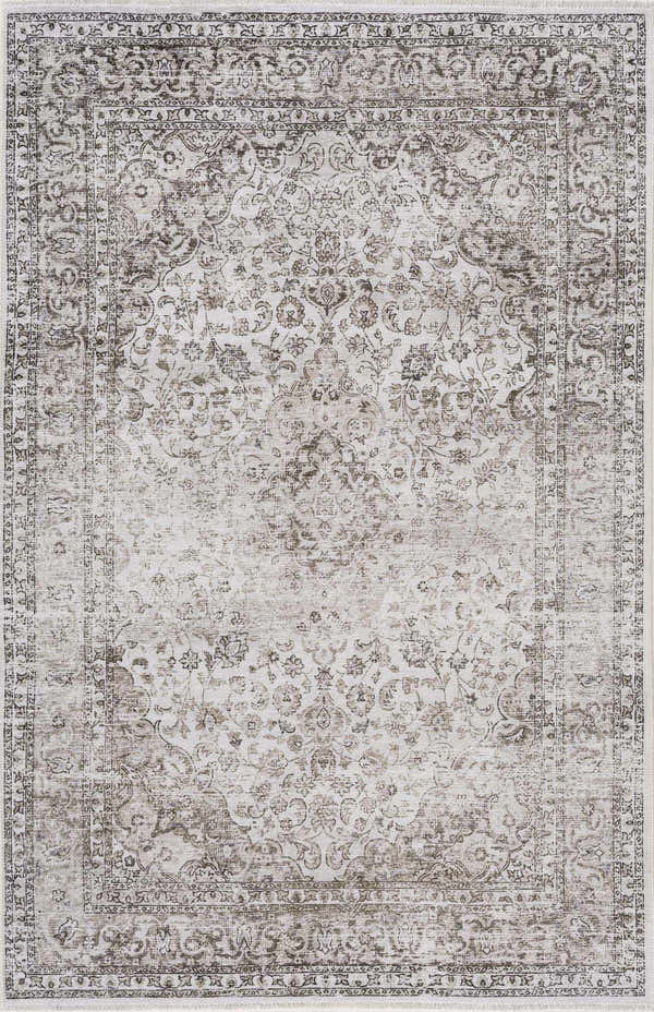 Close-up of the Pearl Holi-4601 Washable Area Rug. Beige, brown, and taupe traditional vintage floral pattern. Design-Rectangle-5373