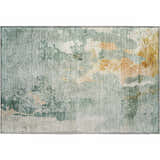 Close-up of Dalyn Luxury Bresca BC1 Seafoam Washable Area Rug. Abstract design in aloe, gold, peach, and sage.