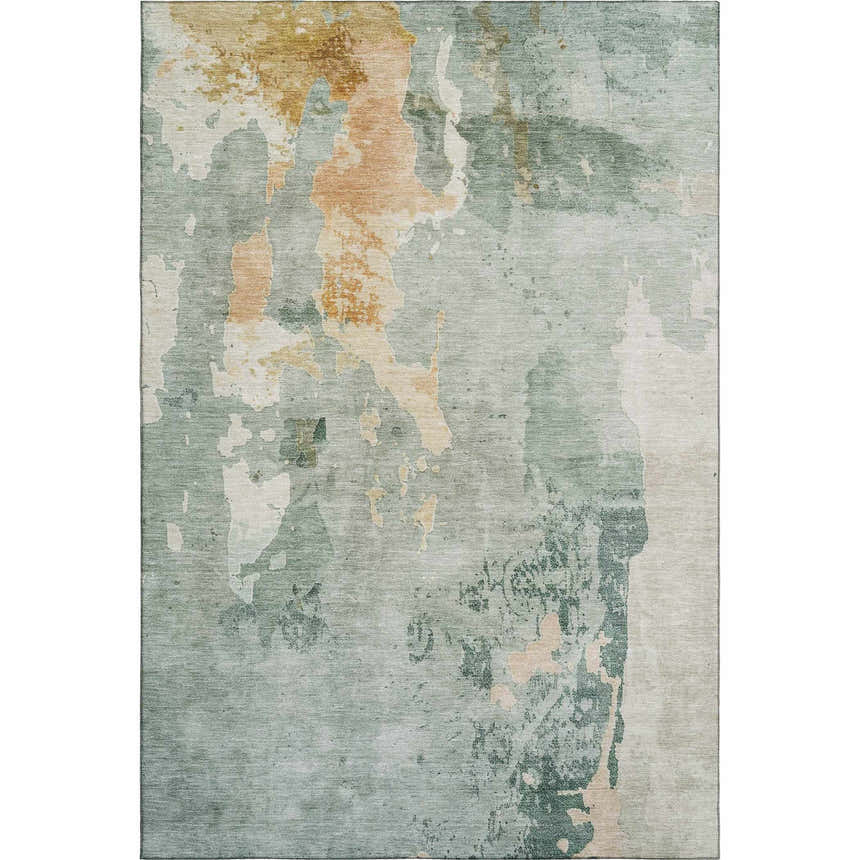 Dalyn Luxury Bresca BC1 Seafoam Washable Area Rug with aloe, gold, peach, and sage abstract design.