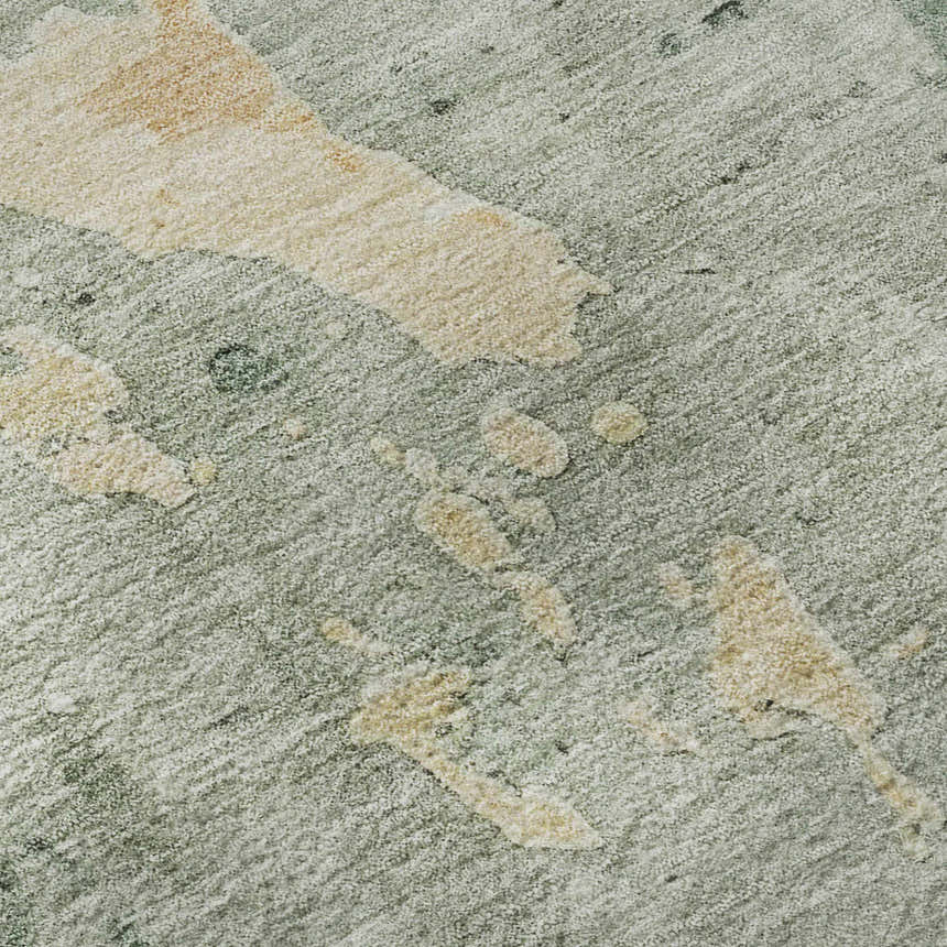 Close-up of Dalyn Luxury Bresca Seafoam Washable Area Rug. Aloe and gold abstract pattern on a textured, sage green background.