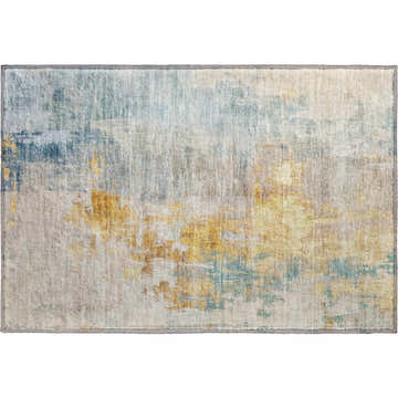 Close-up of the Dalyn Luxury Bresca BC4 Linen Washable Area Rug with beige, gold, blue, and ivory abstract pattern.