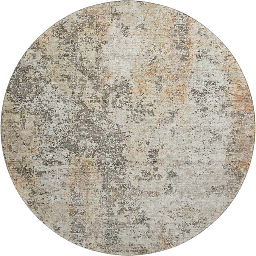Close-up of a round Dalyn Luxury Bresca BC5 Terracotta Washable Area Rug with beige, burnt orange, and dark brown distressed pattern.