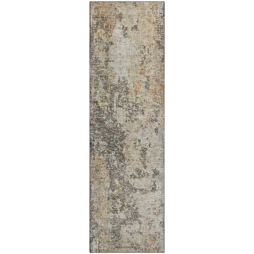 Close-up of Dalyn Luxury Bresca BC5 Terracotta Washable Area Rug. Beige, burnt orange, and dark brown abstract pattern.