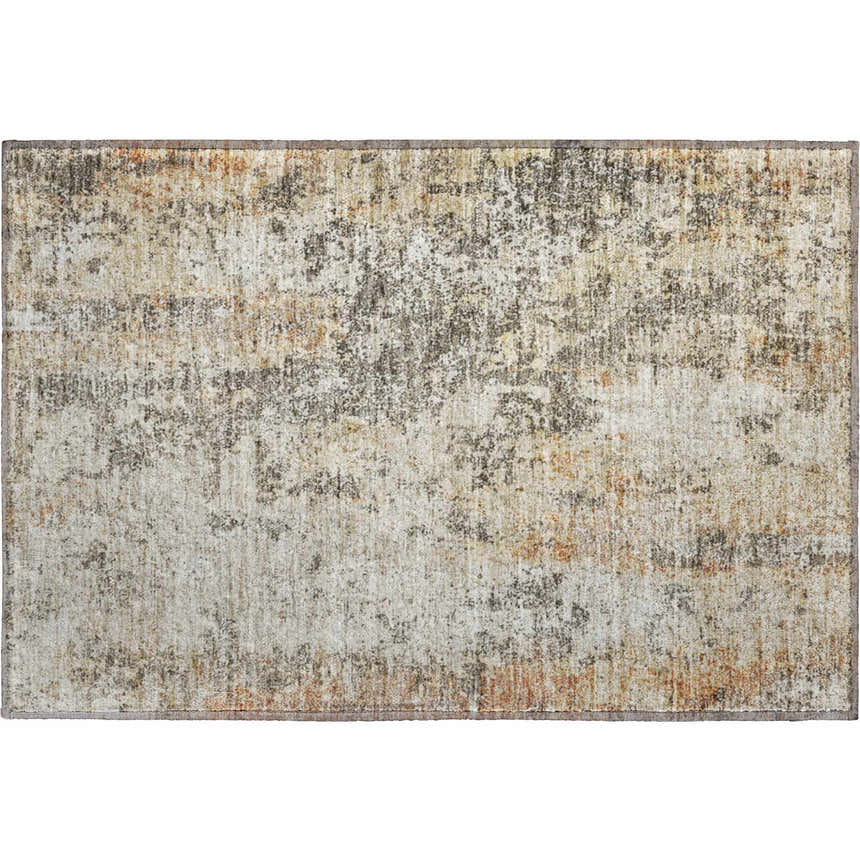 Close-up of the Dalyn Luxury Bresca BC5 Terracotta Washable Area Rug. Beige, burnt orange, and dark brown abstract pattern.