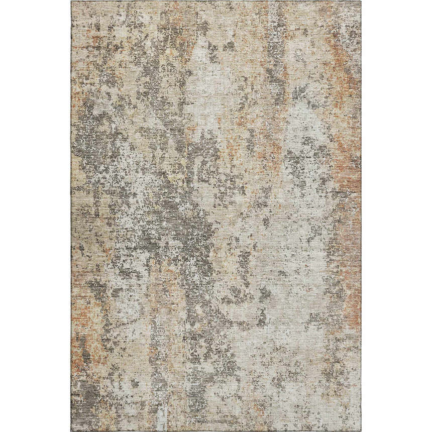 Close-up of the Dalyn Luxury Bresca BC5 Terracotta Washable Area Rug. Beige, burnt orange, and dark brown distressed pattern.