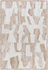 Close-up of the Brendy Beige Area Rug. Features a contemporary geometric design in beige, ivory, and taupe hues. Design-Rectangle-576