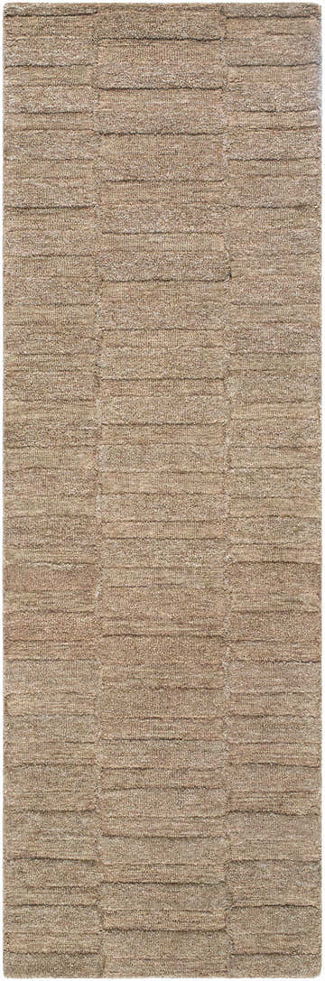 Close-up of the hand-tufted Idaho Broken-Striped Brown Area Rug. Beige, sandstone, and taupe wool rug with a contemporary broken stripe design. Design-Runner-268