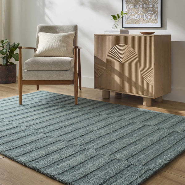 Cielle Block Striped  Wool Rug - Slate Blue