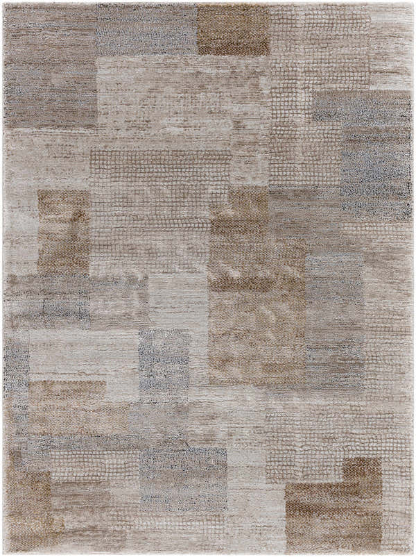 Close-up of the Anaisa Beige Luxe Thick Area Rug, featuring a geometric pattern in tan, ivory, and dark red hues. Design-Rectangle-537
