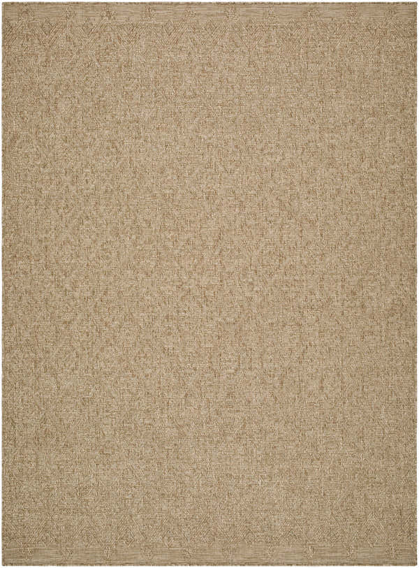 Close-up of the Bandit Brown Area Rug. Camel, prairie dust, and tan hues with a subtle diamond pattern. Machine woven texture. Design-Rectangle-537